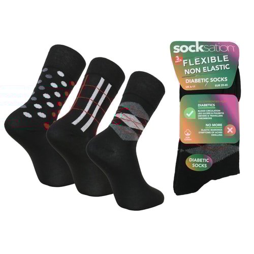 Flexible Diabetic Socks Argyle Dots 3 Pack Socks Black