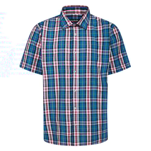 Bigdude Open Collar Checked Short Sleeve Poplin Shirt Blue