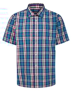 Bigdude Open Collar Checked Short Sleeve Poplin Shirt Blue