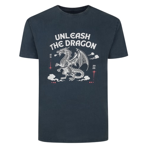 Bigdude Unleash the Dragon Acid Wash Print T-Shirt Washed Navy Tall