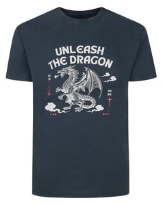 Bigdude Unleash the Dragon Acid Wash Print T-Shirt Washed Navy Tall