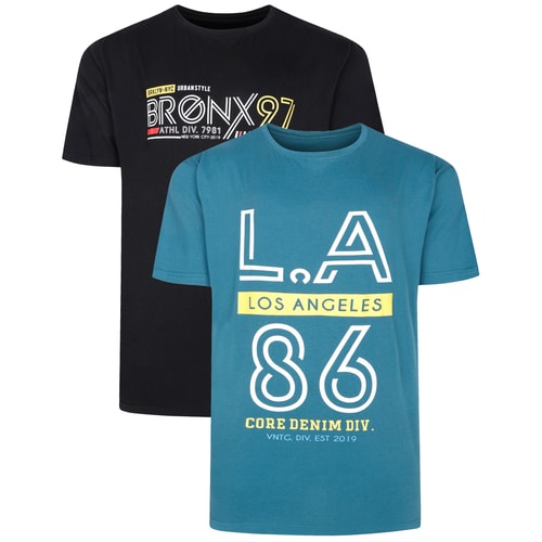 Bigdude Twin Pack LA and Bronx Print T-Shirt Petrol/Black