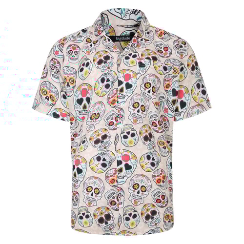 Bigdude Relaxed Collar Skulls Print Short Sleeve Shirt Cream