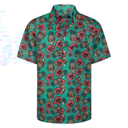 Bigdude Skull Flower Relaxed Collar Short Sleeve Shirt Green Tall