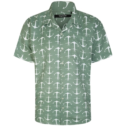 Bigdude Relaxed Collar Anchor Print Short Sleeve Shirt Khaki Tall