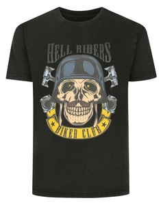 Bigdude Hell Rider Print Short Sleeve Acid Wash T-Shirt Washed Black Tall