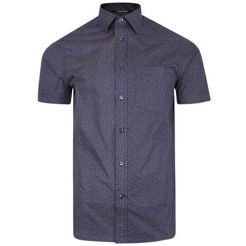 Bigdude Short Sleeve Cotton Woven Pattern Shirt Navy/Brown
