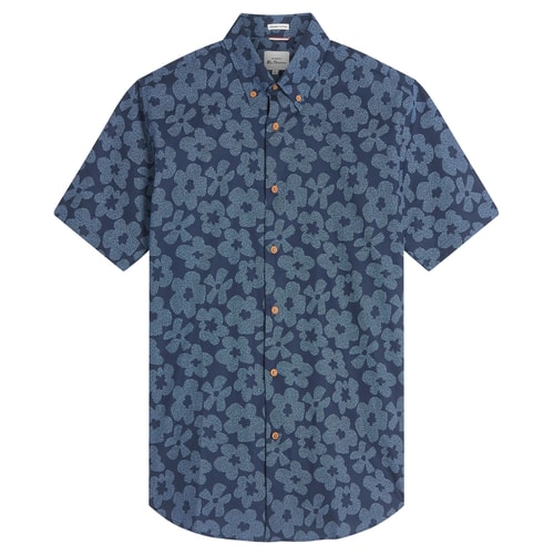 Ben Sherman Stipple Floral Print Short Sleeve Shirt Dark Navy