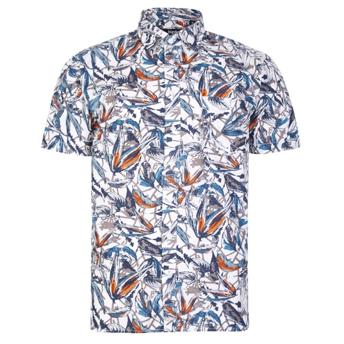 Bigdude Leaf Print Short Sleeve Shirt White Tall
