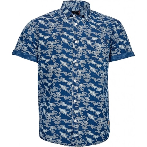 Replika Allover Printed Camo Short Sleeve Shirt Blue