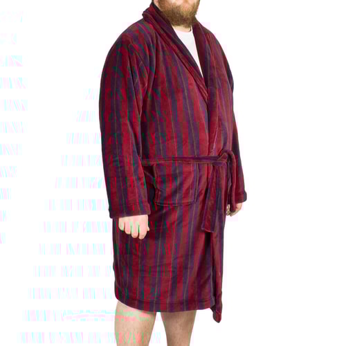 Espionage Stripe Fleece Dressing Gown Wine/Navy