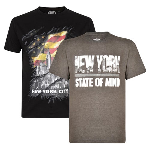 KAM New York Print T-Shirt Twin Pack Black/Charcoal