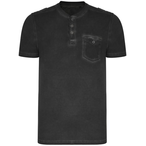 KAM Acid Wash Grandad Collar T-Shirt Black