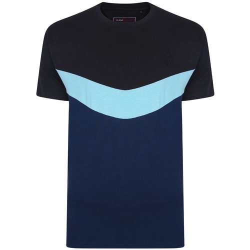 KAM Contrast Panel Chevron T-Shirt Navy