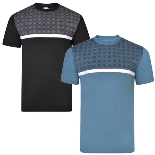 KAM Twin Pack Chequered T-Shirts Black/Denim