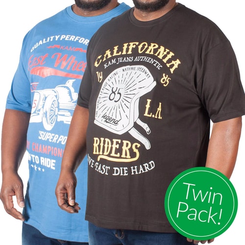 KAM Twin Pack Fast Wheels Print T-Shirts